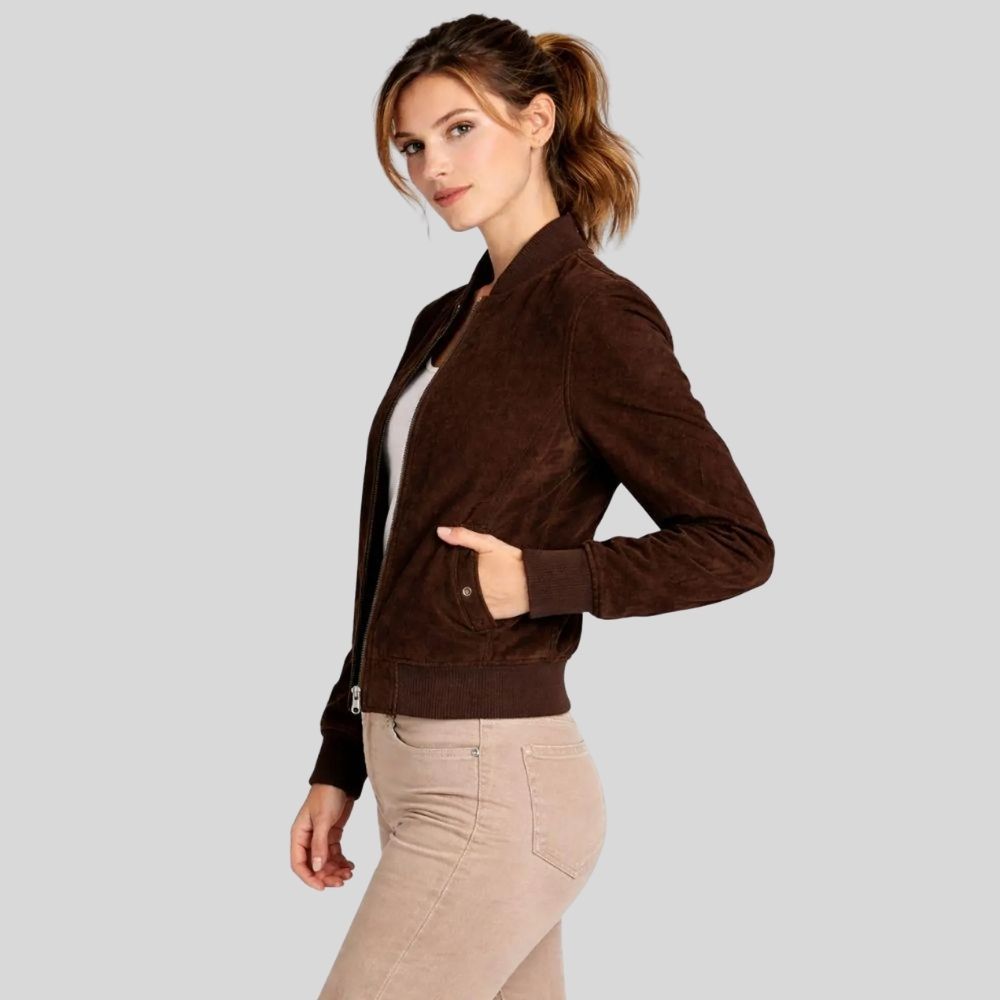 Damen Goatsuede Bomberjacke Dunkelbraun Slim Fit Modern – CocoaEdge
