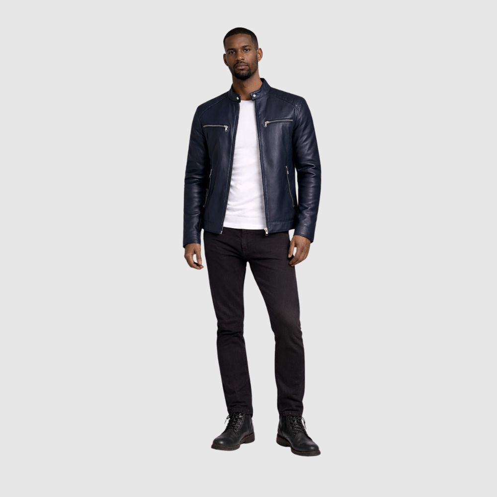 Herren Schaffell Lederjacke Marineblau – Slim Fit Bomber