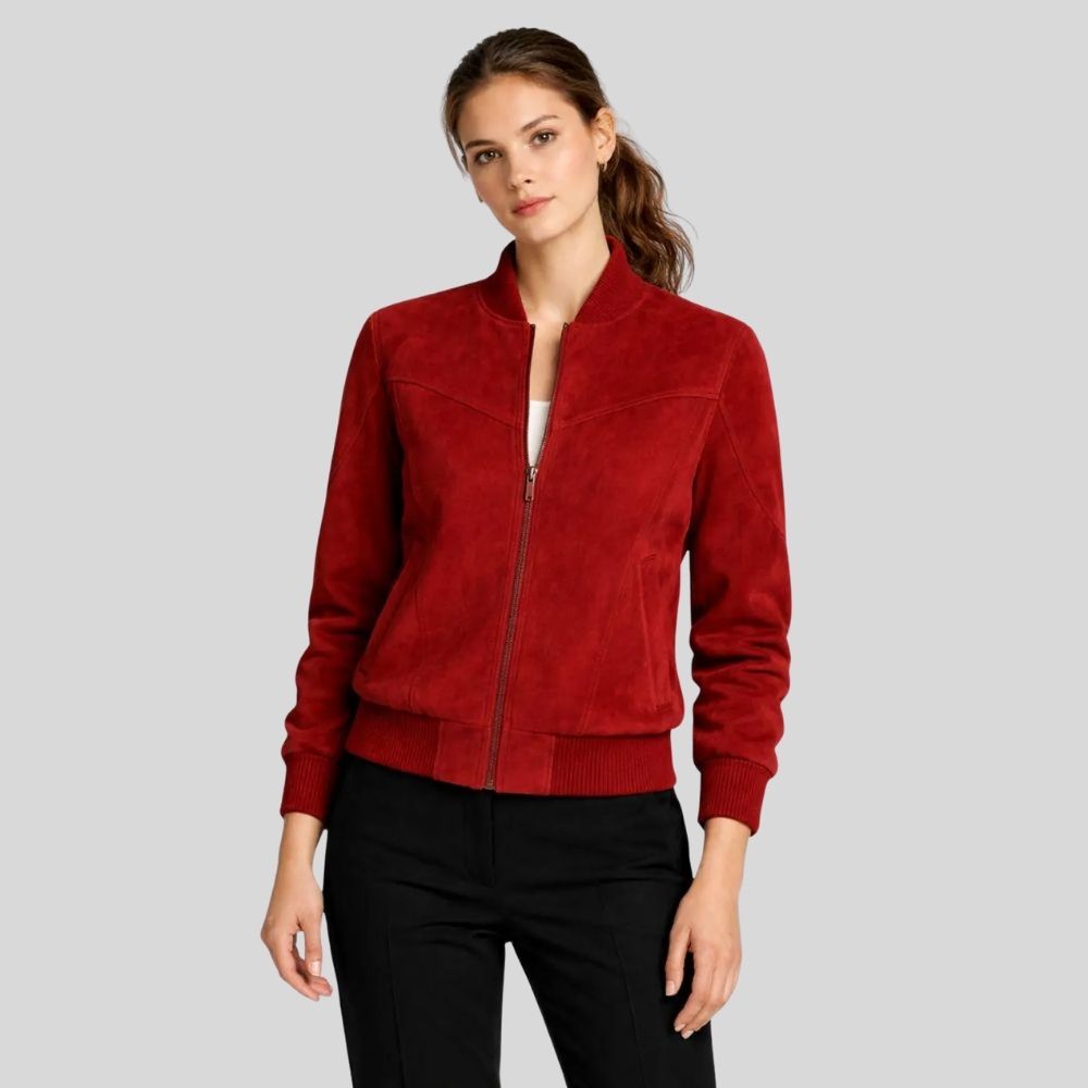 Damen Goatsuede Bomberjacke Rot Slim Fit Modern – RubyCore