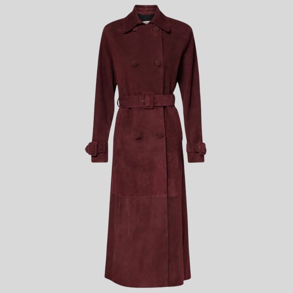 Damen Goatsuede Mantel Bordeaux Rot – Longline Relaxed Tailored Fit Wildledermantel