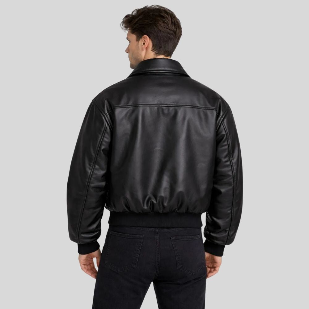 Herren Lederjacke Bomberjacke Schwarz – Hemdkragen Design