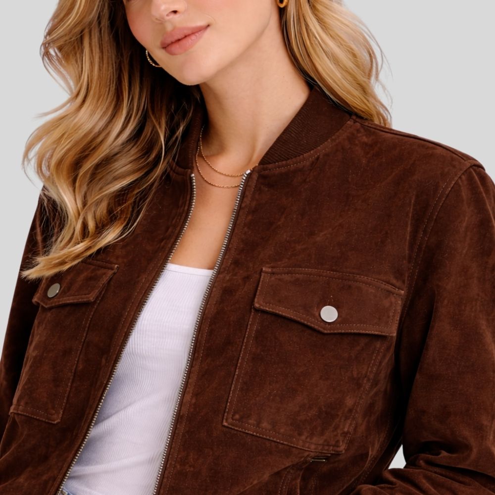 Damen Dunkelbraune Goatsuede Bomberjacke – Slim Fit Velora Edge