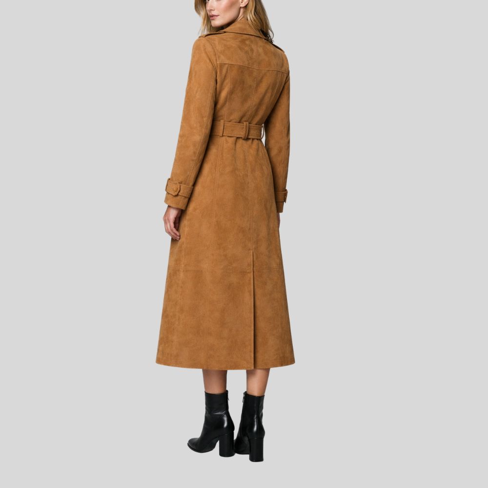 Damen Goatsuede Trenchcoat Braun – Longline Belted Tailored Fit Wildledermantel
