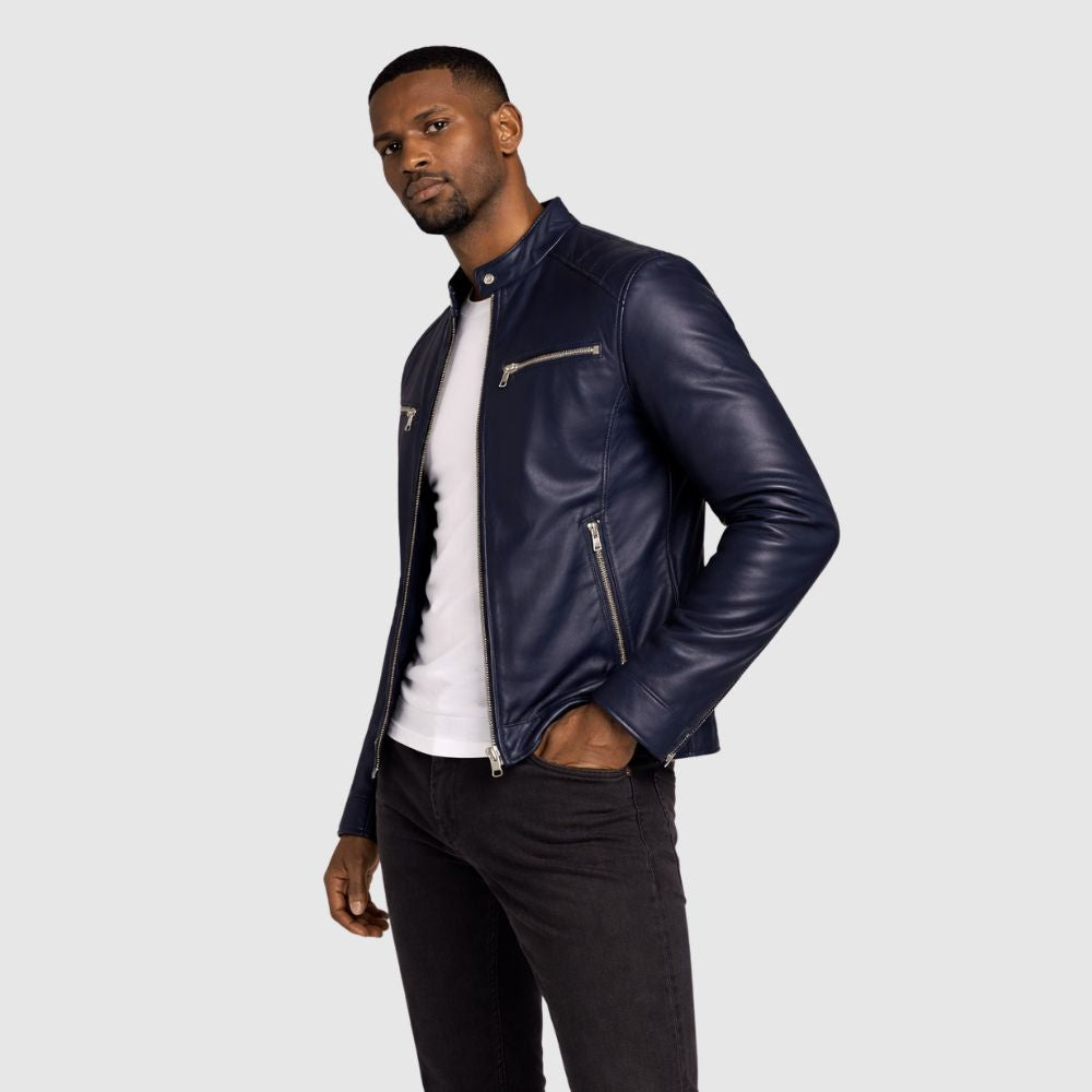 Herren Schaffell Lederjacke Marineblau – Slim Fit Bomber