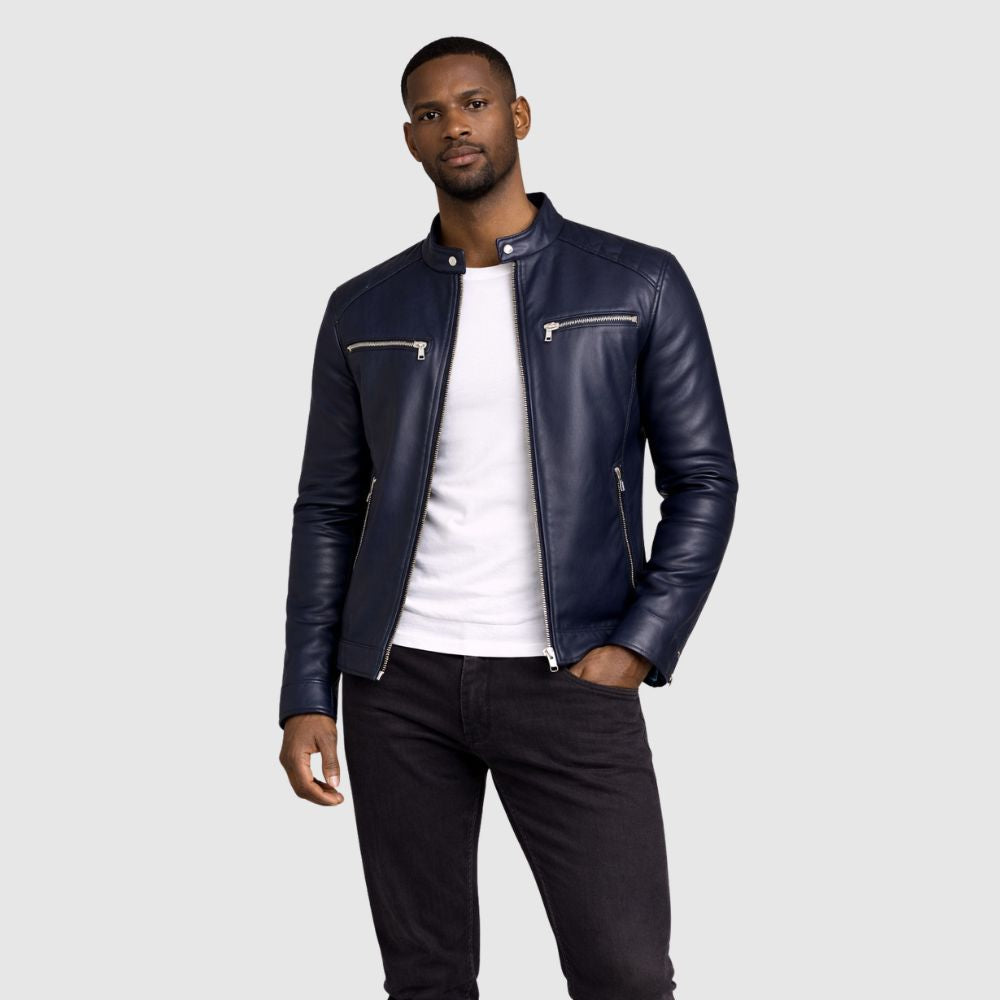 Herren Schaffell Lederjacke Marineblau – Slim Fit Bomber