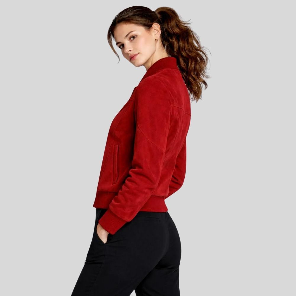 Damen Goatsuede Bomberjacke Rot Slim Fit Modern – RubyCore