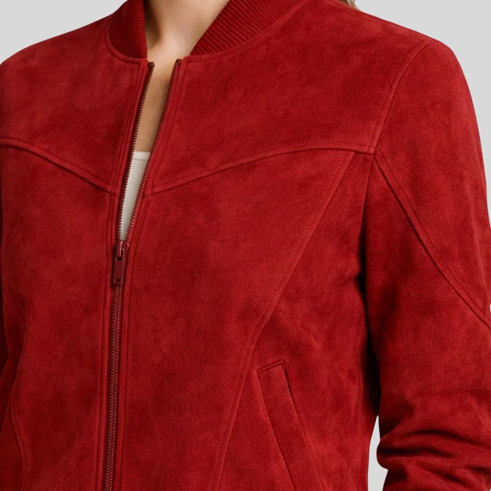 Damen Goatsuede Bomberjacke Rot Slim Fit Modern – RubyCore