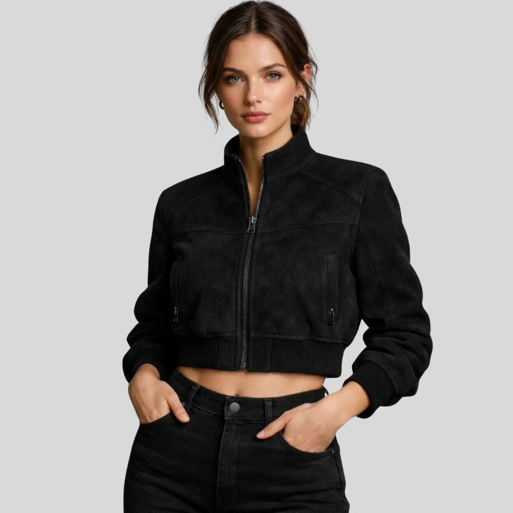 Damen Goatsuede Cropped Jacke Schwarz Slim Fit Modern – NoirEdge