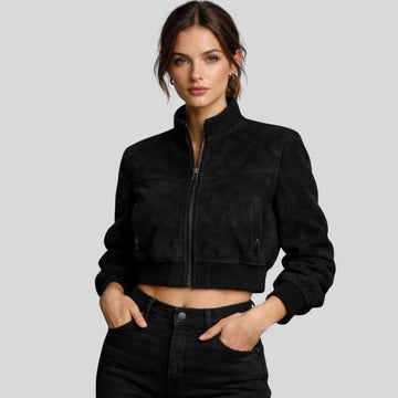 Damen Goatsuede Cropped Jacke Schwarz Slim Fit Modern – NoirEdge