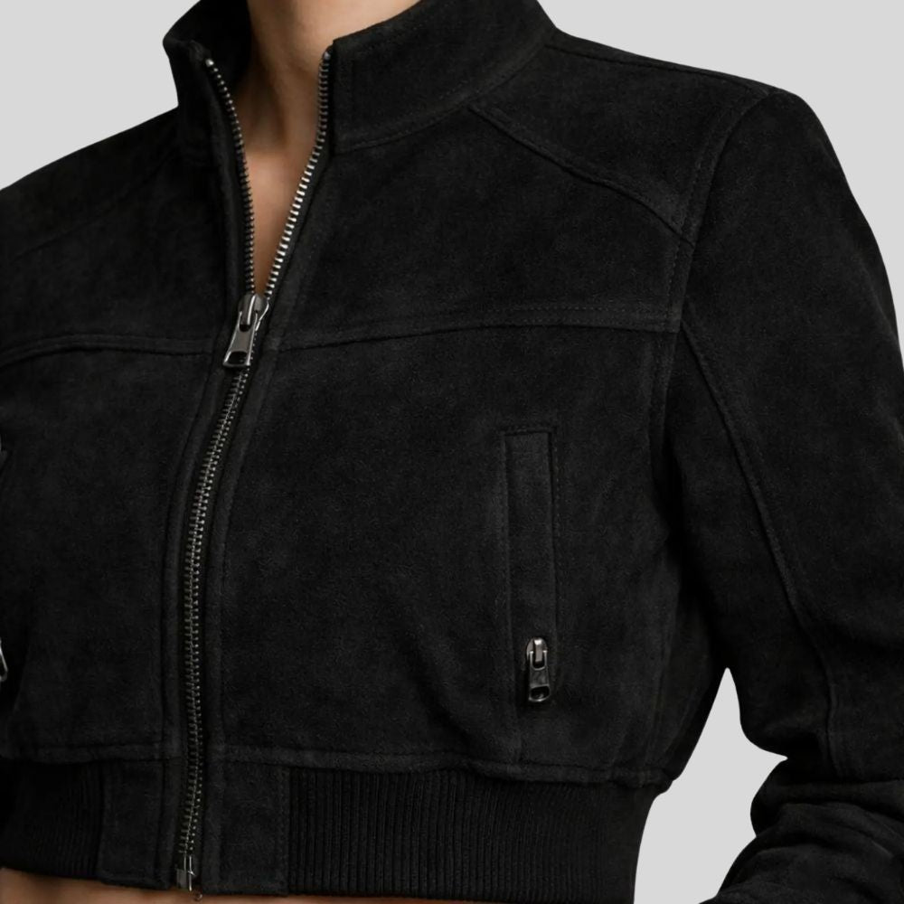 Damen Goatsuede Cropped Jacke Schwarz Slim Fit Modern – NoirEdge