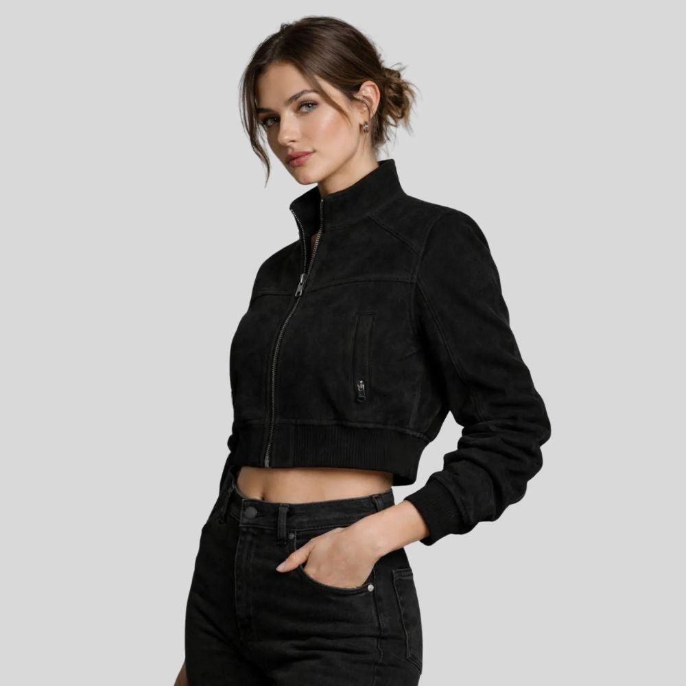 Damen Goatsuede Cropped Jacke Schwarz Slim Fit Modern – NoirEdge