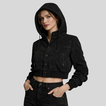Damen Goatsuede Cropped Hoodie Jacke Schwarz Urban Fit – NoirHood