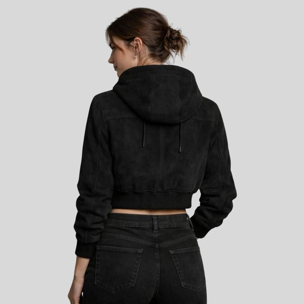 Damen Goatsuede Cropped Hoodie Jacke Schwarz Urban Fit – NoirHood