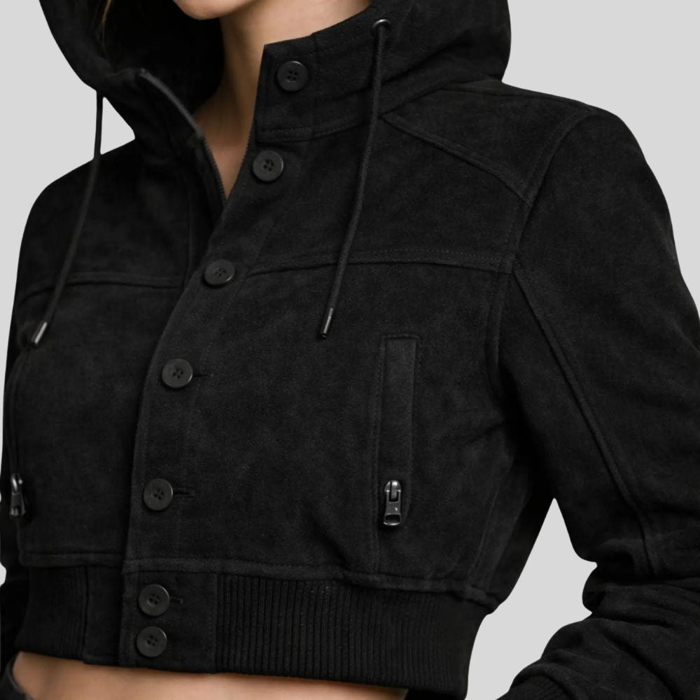 Damen Goatsuede Cropped Hoodie Jacke Schwarz Urban Fit – NoirHood