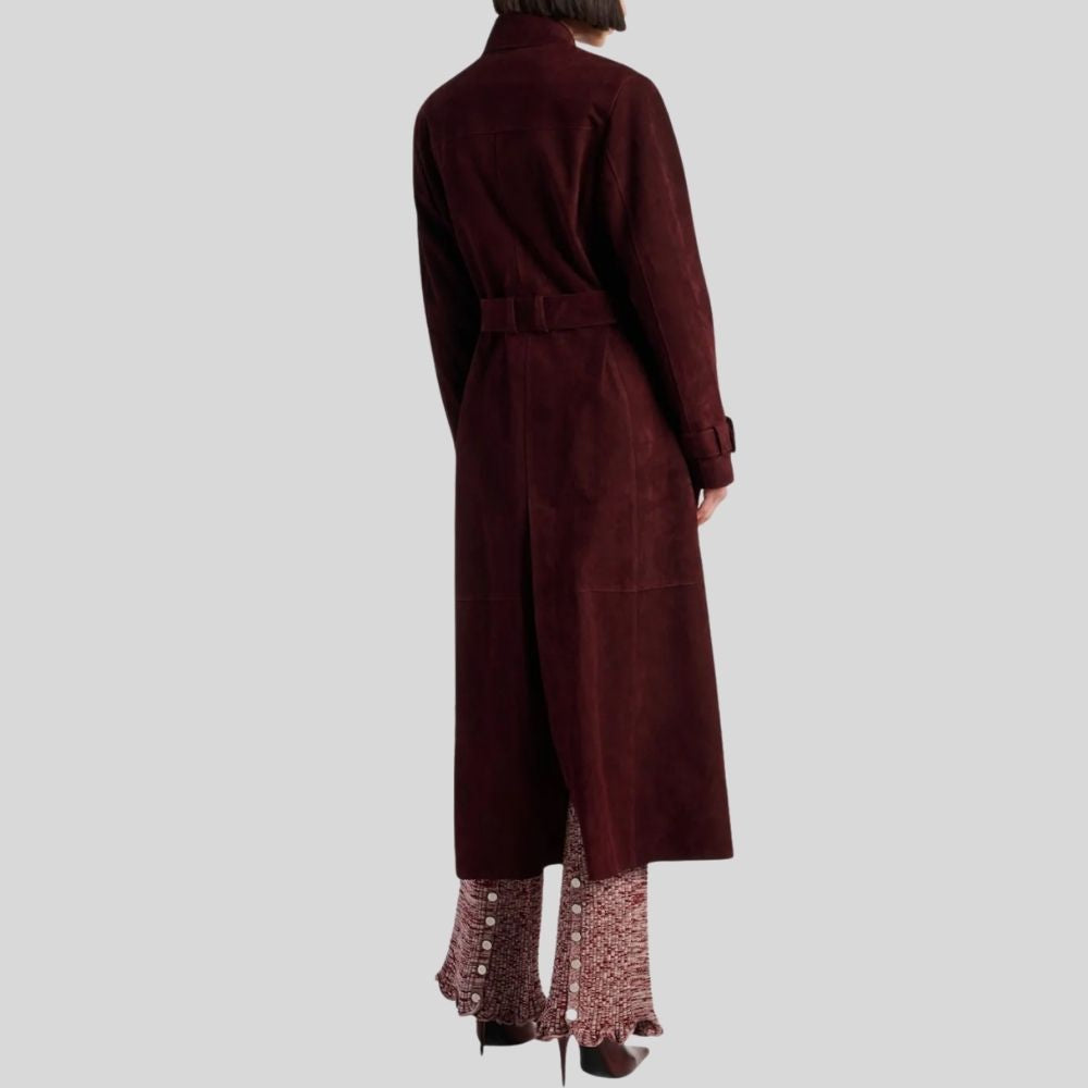Damen Goatsuede Mantel Bordeaux Rot – Longline Relaxed Tailored Fit Wildledermantel