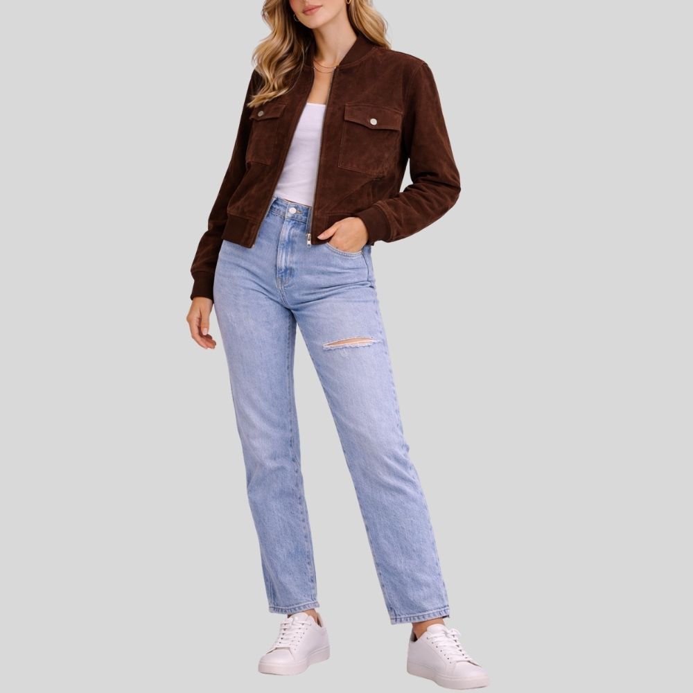 Damen Dunkelbraune Goatsuede Bomberjacke – Slim Fit Velora Edge