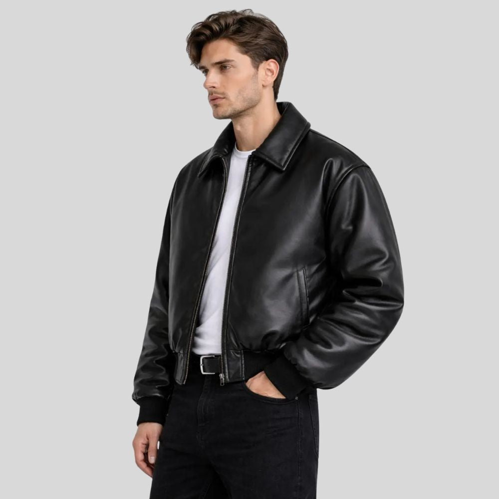 Herren Lederjacke Bomberjacke Schwarz – Hemdkragen Design