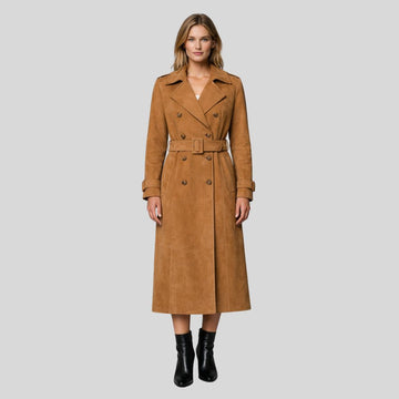 Damen Goatsuede Trenchcoat Braun – Longline Belted Tailored Fit Wildledermantel