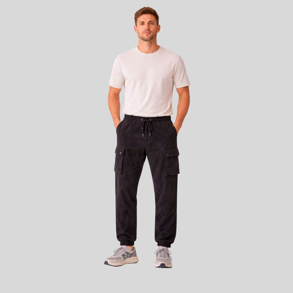 Herren Schwarze Goatsuede Cargo Jogger Hose – Relaxed Fit Noir Utility