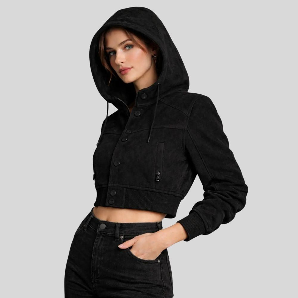 Damen Goatsuede Cropped Hoodie Jacke Schwarz Urban Fit – NoirHood