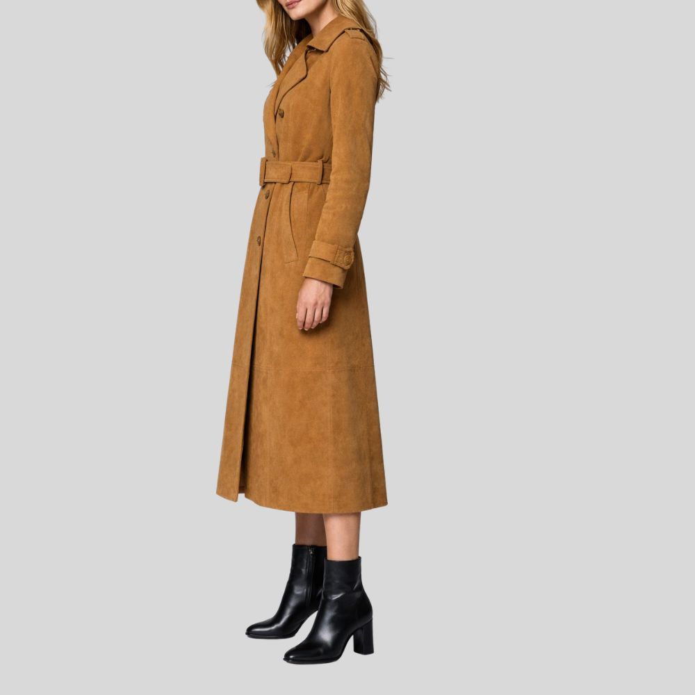 Damen Goatsuede Trenchcoat Braun – Longline Belted Tailored Fit Wildledermantel