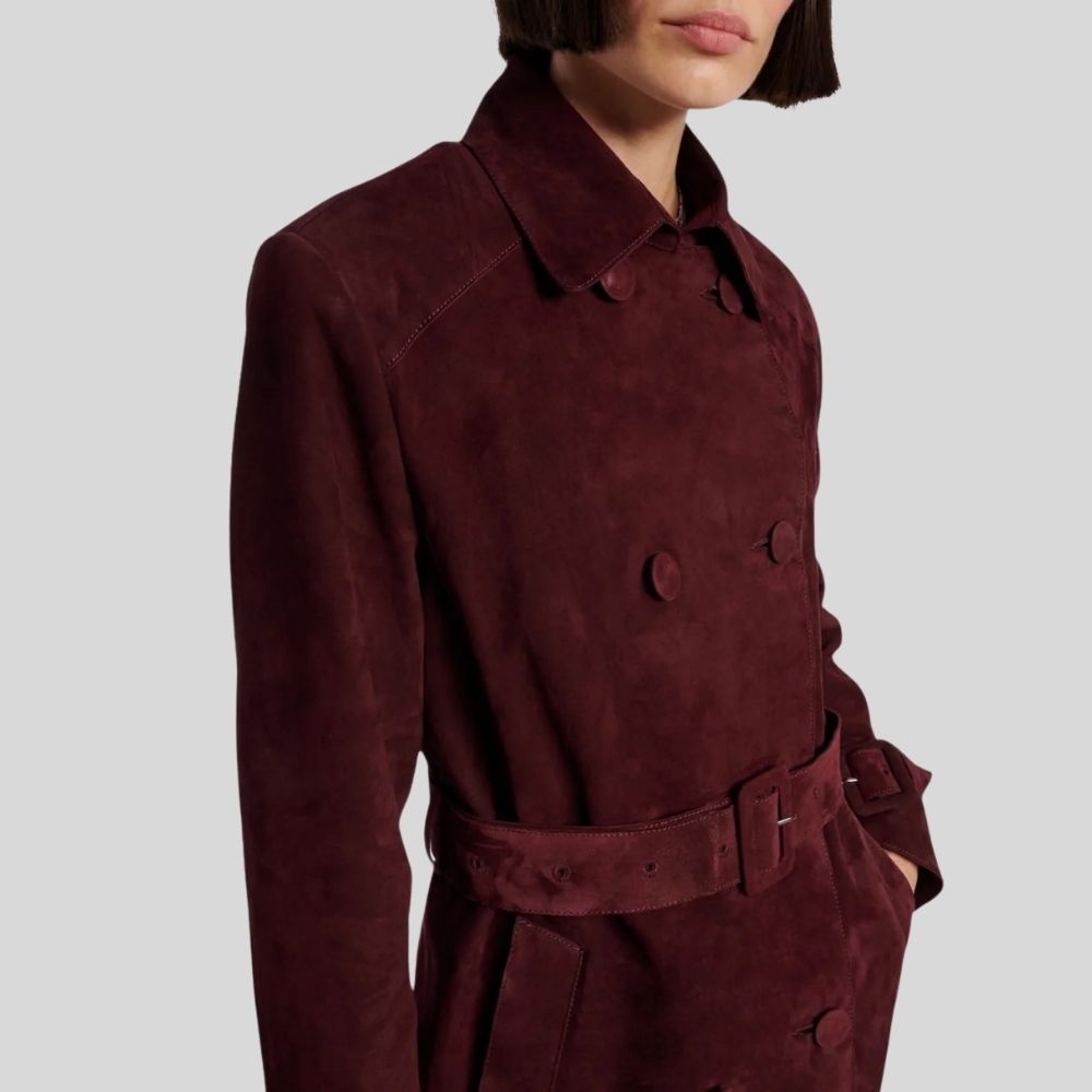 Damen Goatsuede Mantel Bordeaux Rot – Longline Relaxed Tailored Fit Wildledermantel