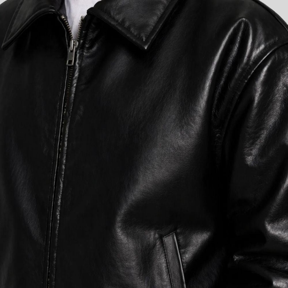 Herren Lederjacke Bomberjacke Schwarz – Hemdkragen Design