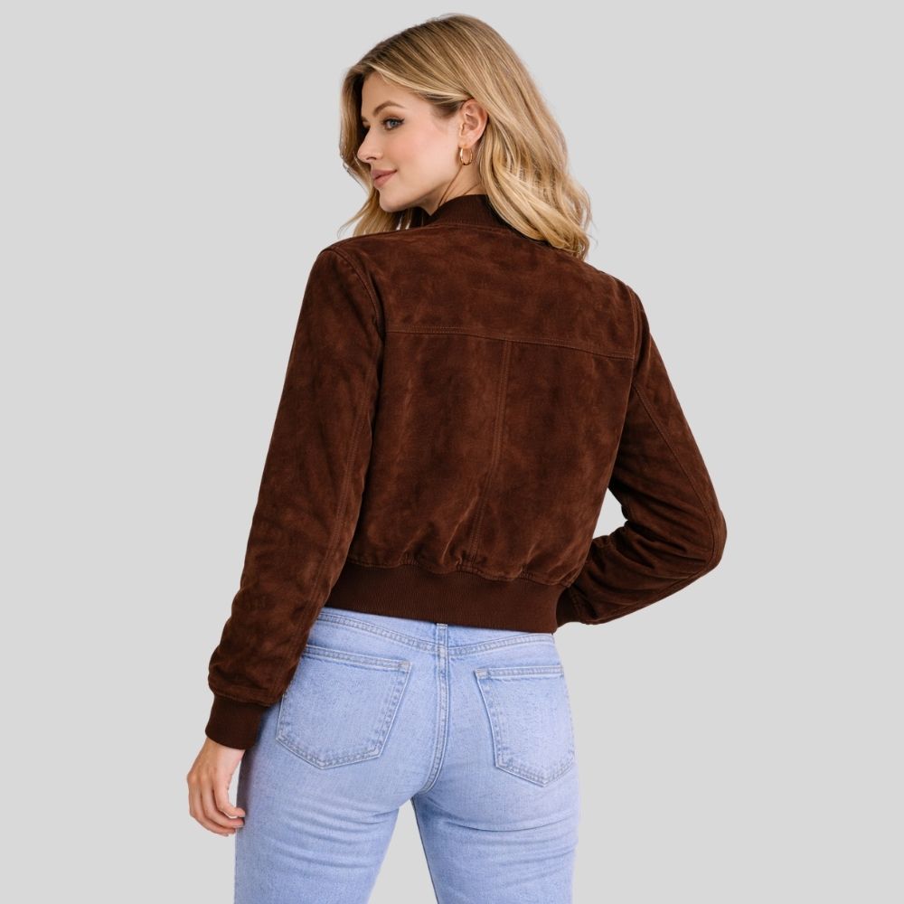 Damen Dunkelbraune Goatsuede Bomberjacke – Slim Fit Velora Edge