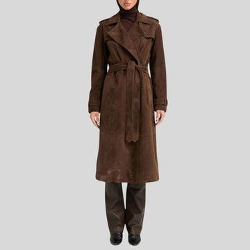 Damen Goatsuede Trenchcoat Vintage Dunkelbraun – Longline Belted Tailored Fit Wildledermantel