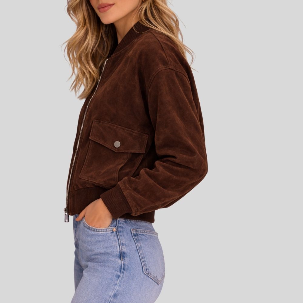 Damen Dunkelbraune Goatsuede Bomberjacke – Slim Fit Velora Edge