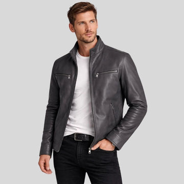 Herren Lederjacke Bikerjacke Grau – Stehkragen Design