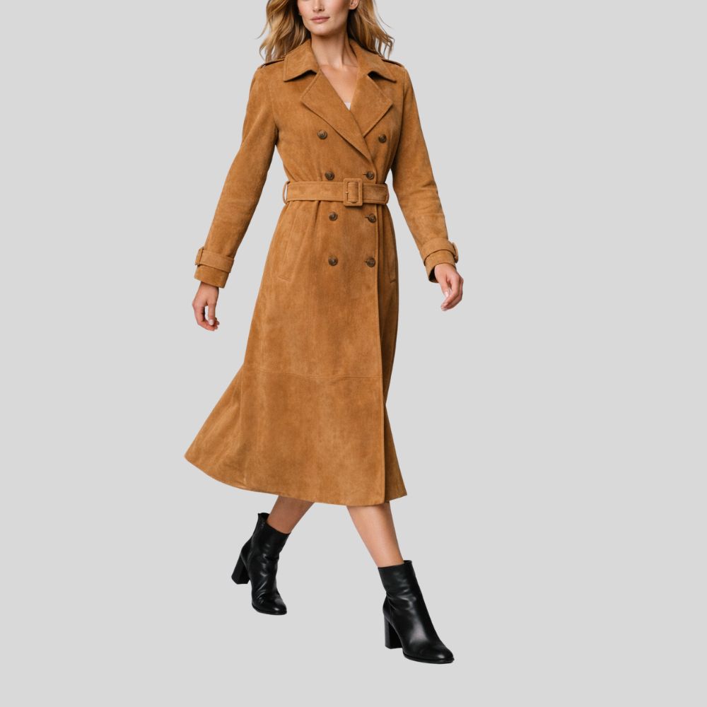 Damen Goatsuede Trenchcoat Braun – Longline Belted Tailored Fit Wildledermantel