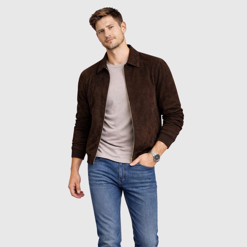 Blouson Wildleder Dunkelbraun mit Hemdkragen