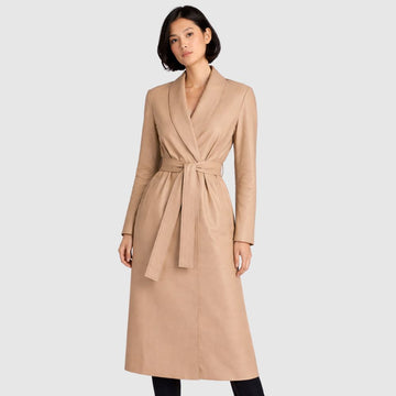 Damen Beige Leder Trenchcoat – Gürtel