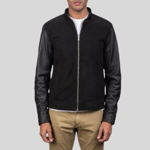 Frontansicht einer schwarzen Herrenjacke aus Wildleder mit Lederärmeln und Reißverschluss