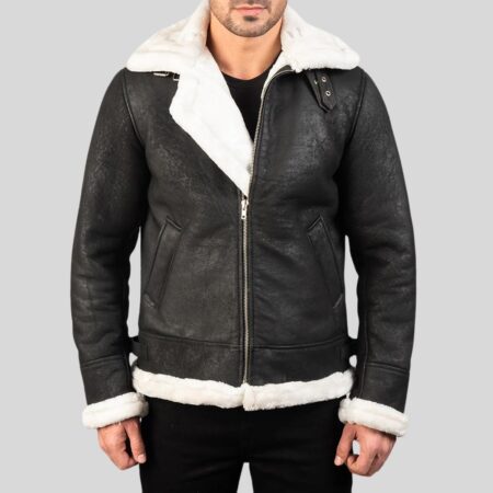 Frontansicht einer schwarzen Shearling Jacke für Herren mit weißem Innenfutter und Reißverschluss