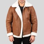Herren Shearling Lederjacke in Braun mit weißem Innenfutter und Reverskragen