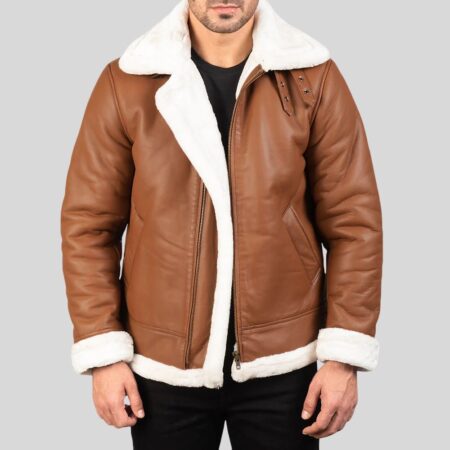 Herren Shearling Lederjacke in Braun mit weißem Innenfutter und Reverskragen