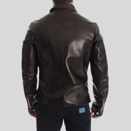 Schwarze Herrenlederjacke Rückansicht – Glattes Echtleder mit Gold-Zipper an Ärmeln