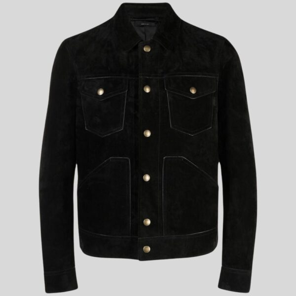 Schwarze Wildlederjacke mit goldenen Druckknöpfen und vier Taschen – Vorderansicht ohne Modell