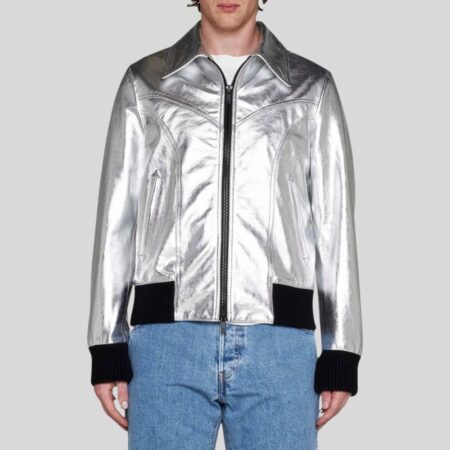Silberne Herren-Lederjacke mit schwarzem Strickbund und Reißverschluss-Frontansicht