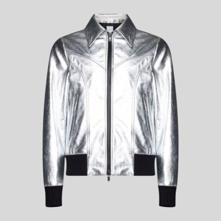Silberne Herrenjacke aus Metallic-Leder mit Reißverschluss und Bündchen – freigestellte Frontansicht
