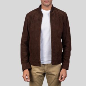 Braune Wildlederjacke für Herren im klassischen Bomberstil mit Reißverschluss und Stehkragen – minimalistische Übergangsjacke