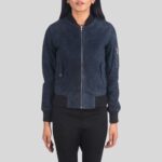 Damen Bomberjacke Wildleder in Navyblau – gerade Frontalansicht mit Reißverschluss