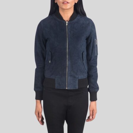 Damen Bomberjacke Wildleder in Navyblau – gerade Frontalansicht mit Reißverschluss