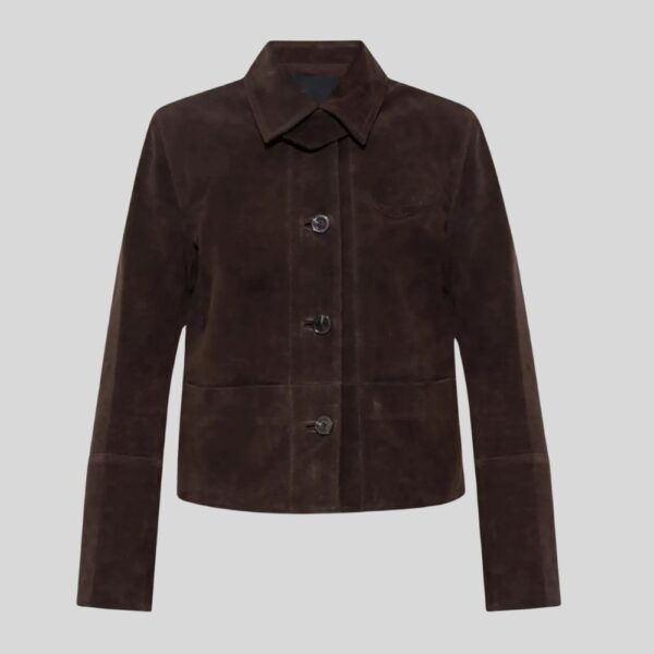 Damen Wildleder Jacke Braun mit Knopfleiste und klassischem Kragen flach gelegt
