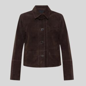 Braune Damen Wildleder Jacke mit Knopfverschluss, strukturiertem Kragen und minimalistischer Silhouette – Flatlay für Produktdarstellung