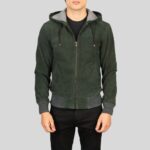 Grüne Wildlederjacke Herren mit Kapuze und Reißverschluss – Vorderansicht