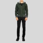 Grüne Wildlederjacke Herren mit Kapuze und Reißverschluss – Vorderansicht