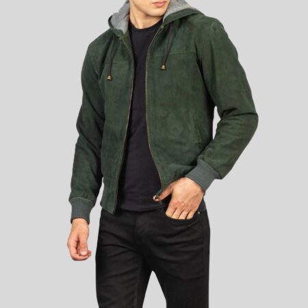Grüne Wildlederjacke Herren mit Kapuze und Reißverschluss – Vorderansicht